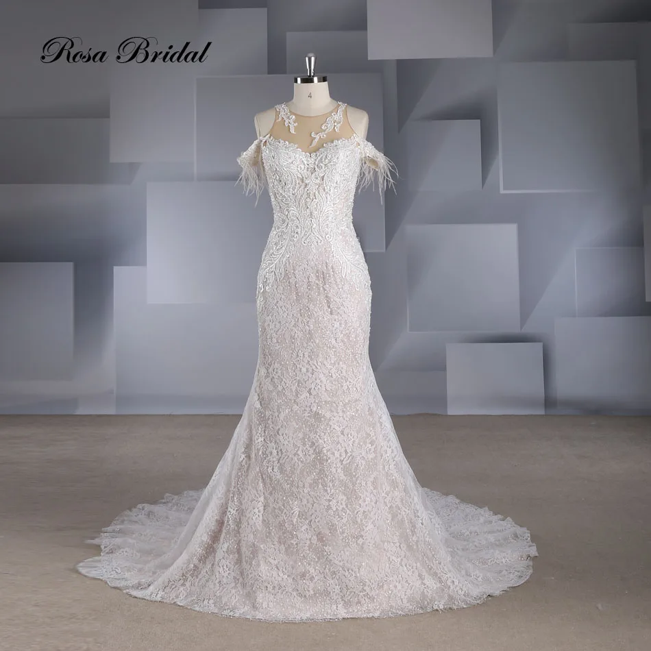 

Rosabridal mermaid wedding dress Modern style O-neckline bridal gown Lace wedding dress