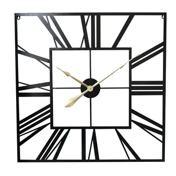 

76cm 30 Inches Square Wrought Iron Hollow Roman Numeral Wall Clock Silent Hanging Clock For Home Living Room Decoration - Black