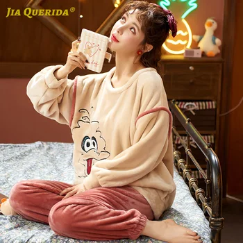 Woman Warm Winter Homesuit Homeclothes Pajamas Set Pj Set Pijamas Woman Crew Neck Cartoon Printing Coral Fleece Loungewear 
Woman Warm Winter Homesuit Homeclothes Pajamas Set Pj Set Pijamas Woman Crew Neck Cartoon Printing Coral Fleece Loungewear