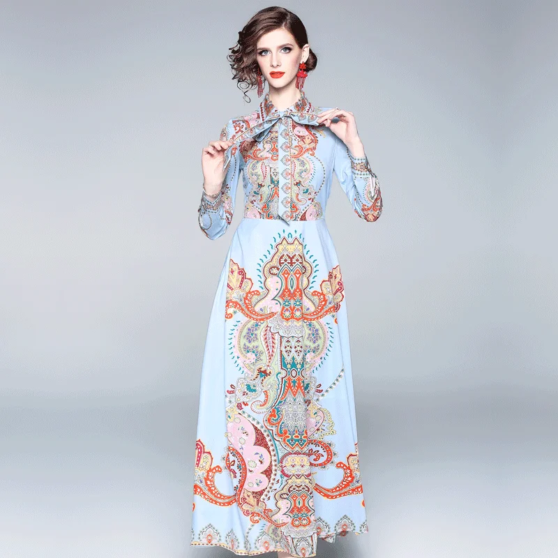 2019 summer new European station high-end women's dress long-sleeved lapel tie retro court print dress
2019 summer new European station high-end women's dress long-sleeved lapel tie retro court print dress