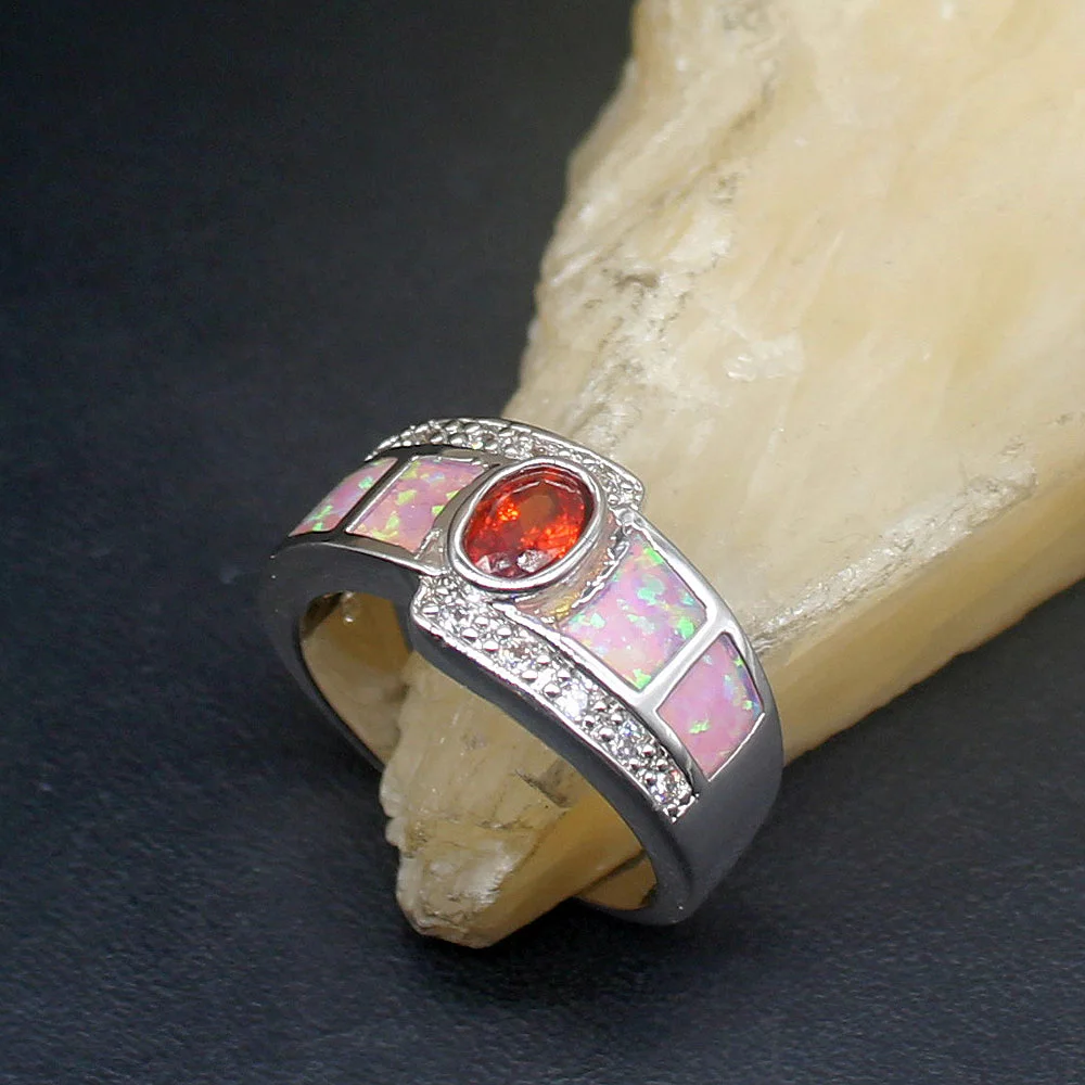 

Hermosa Gemstone Mystical Opal Red Garnet Genuine 925 Silver Band Ring Wedding Engagement Gifts for Women Size 8# 20214318