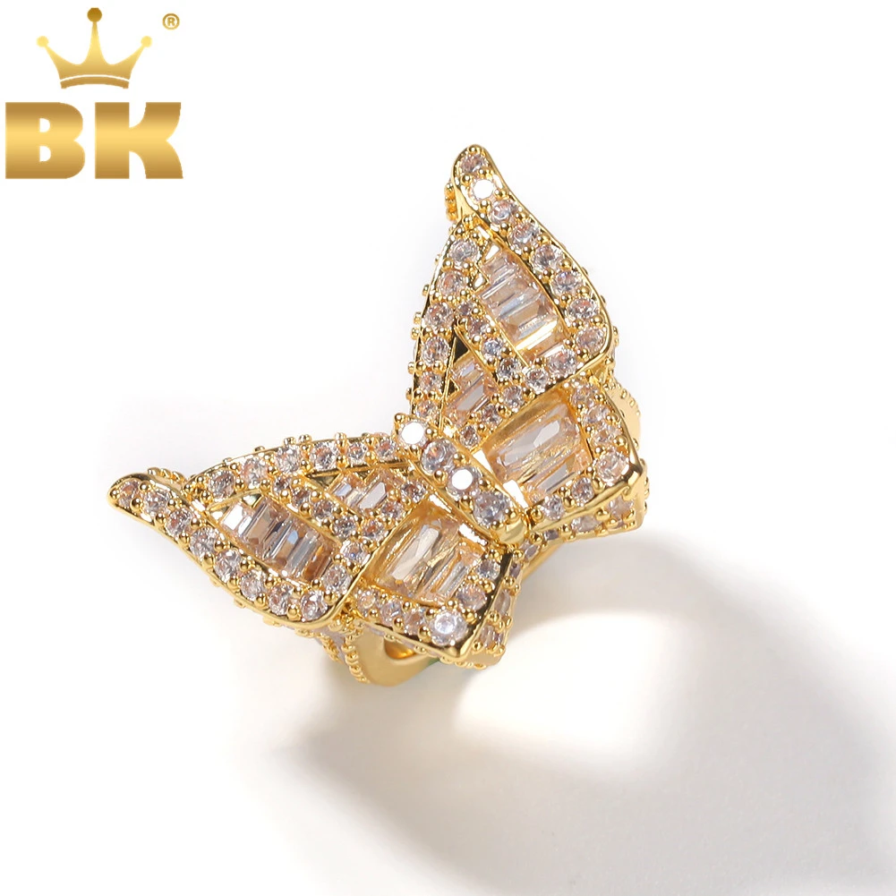 

THE BLING KING Men Hiphop Ring Baguettecz Cluster Square Cut Large Butterfly Shape Cubic Zirconia Gold Color Party Ring Jewelry