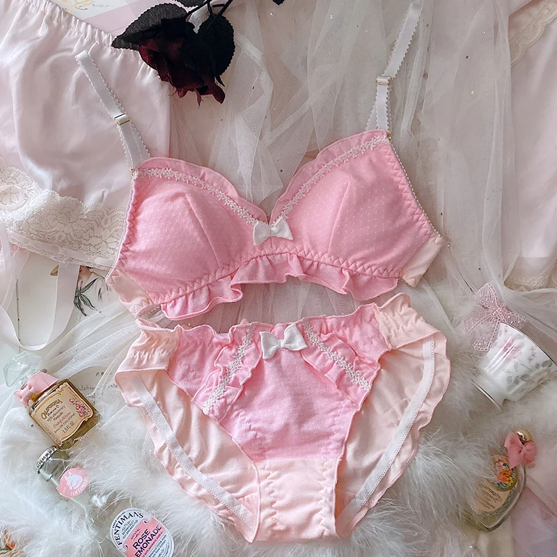 

Lolita girly peach pink gathered bra set cotton polka dot lotus leaf lace bralette no steel ring triangle cup bowknot langerie