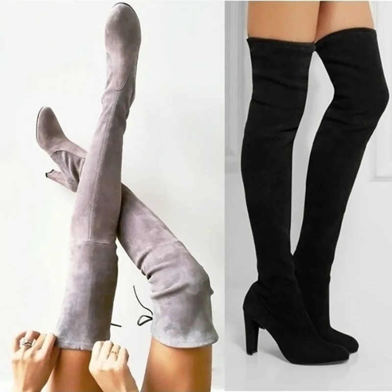New-Winter-Over-The-Knee-Women-Boots-Autumn-Flock-Leather-Pointed-Toe-Long-Boots-Lace-Up