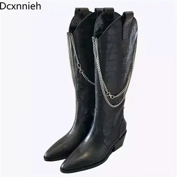Black Genuine Leather Crocodile pattern Cowboy Long Boots Women Chain Decor Chelsea Boots Chunky Heels Knee High Boots Woman
Black Genuine Leather Crocodile pattern Cowboy Long Boots Women Chain Decor Chelsea Boots Chunky Heels Knee High Boots Woman
