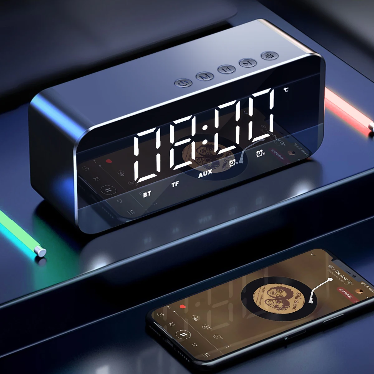 Small Alarm Clock Portable Speaker Mini Wireless Bluetooth Bass Digital Watch LED Electronic Desktop | Электроника
