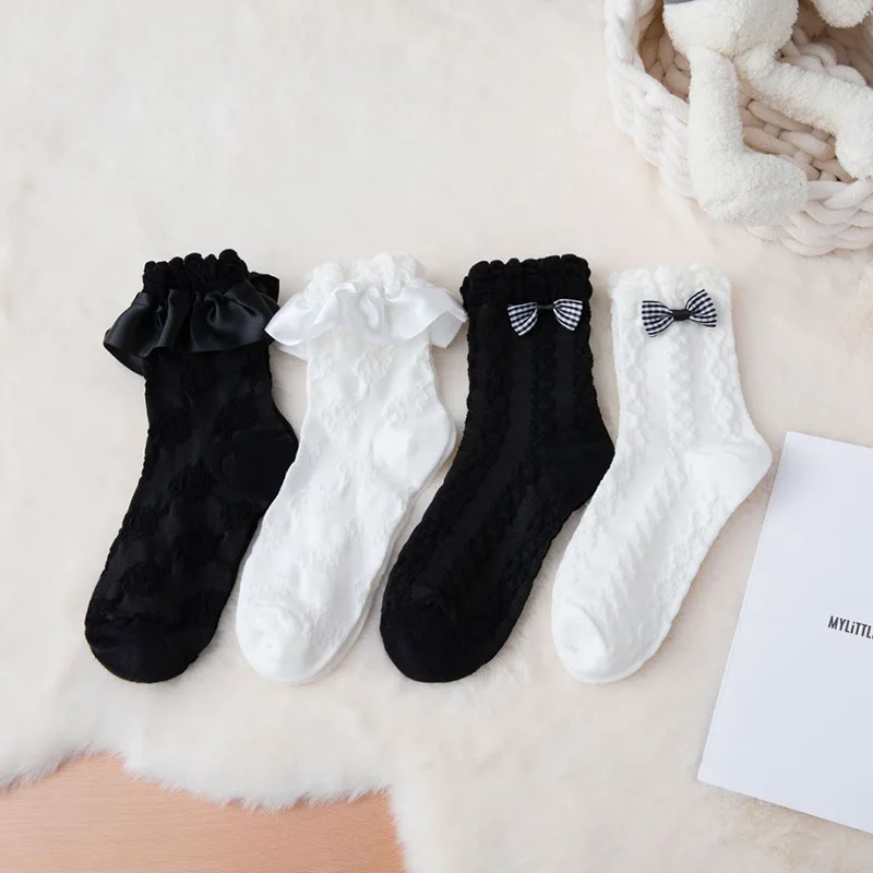 

Lolita Socks Frilly Ruffle Cute Lace Kawai Japanese Soft Girl Women Luxury Bowknot Mesh Exquisite Socken White Black Wholesale