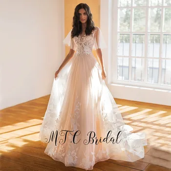 Newest 2019 Champagne Boho Wedding Dresses Short Sleeve A Line Sweep Train Gorgeous Lace Bridal Dress Vestido De Noiva Cheap 
Newest 2019 Champagne Boho Wedding Dresses Short Sleeve A Line Sweep Train Gorgeous Lace Bridal Dress Vestido De Noiva Cheap