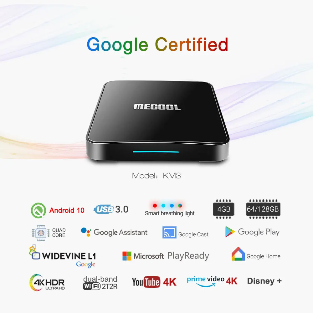 ТВ приставка MECOOL KM3 A Android TV сертификат Google 10 4 ГБ 64 9 0 KM9 PRO Гб 32 2 16 Amlogic S905X2 4K Wi