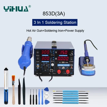 YIHUA 853D 3A 3 In 1 Hot Air Gun USB Soldering Station SMD DC Power Supply Rework Stations Heat Gun Phone Repair Soldering Iron
YIHUA 853D 3A 3 In 1 Hot Air Gun USB Soldering Station SMD DC Power Supply Rework Stations Heat Gun Phone Repair Soldering Iron