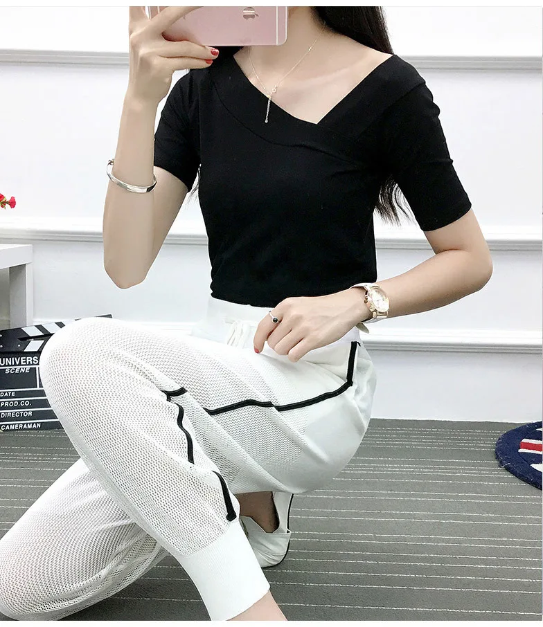 2019 Spring And Summer-Sloping Shoulder Exposed Shoulder Slim Fit Half Sleeve Solid Color V-neck Cross Base Shirt Short Sleeve T
2019 Spring And Summer-Sloping Shoulder Exposed Shoulder Slim Fit Half Sleeve Solid Color V-neck Cross Base Shirt Short Sleeve T