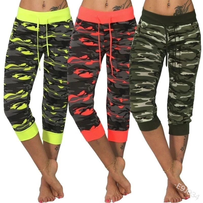 

Women's High Waist Camouflage Printed Capri Leggings Ladies Elastic Stretch Drawstring Fitness Slim Yoga Sports Cropped Pants