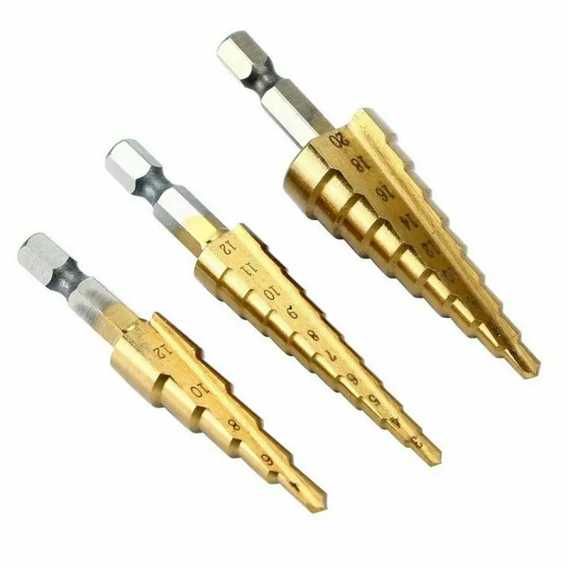 3PCS Step Drill Bit Set Hex Shank Cone Drill Titanium Bit Cone Hole Cutter Metal 3-4/12/20mm Countersink Drill Bits
3PCS Step Drill Bit Set Hex Shank Cone Drill Titanium Bit Cone Hole Cutter Metal 3-4/12/20mm Countersink Drill Bits