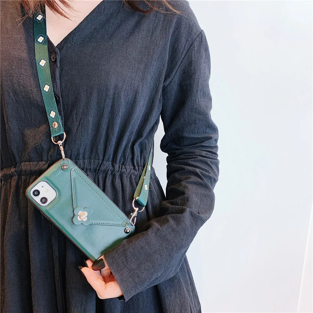 

Credit Card Phone Case Wallet Crossbody Long Chain For iPhone 11 pro max 7 8 6s Plus X XR XS Max Camellia Back cover with strap