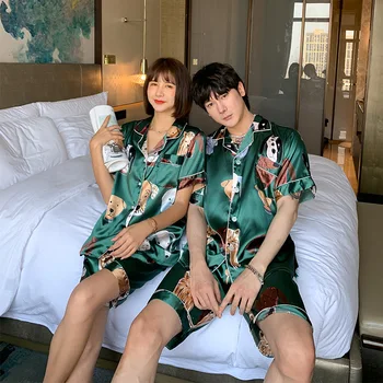 Silk pajama for couple summer cool lovers' Sleepwear Korean casual print thin Pyjamas For Adult Women Men short sleeve home suit 
Silk pajama for couple summer cool lovers' Sleepwear Korean casual print thin Pyjamas For Adult Women Men short sleeve home suit