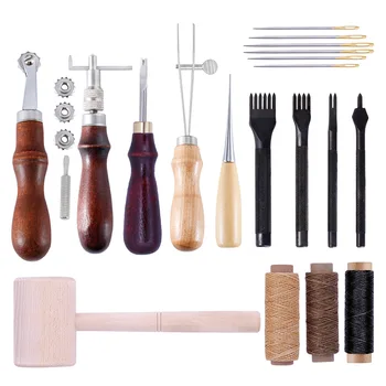 Leather Craft Hand Stitching Sewing Tools Kit Waxed Thread Awl Thimble Scissors Needles Ruler Set DIY Manual Leathercraft