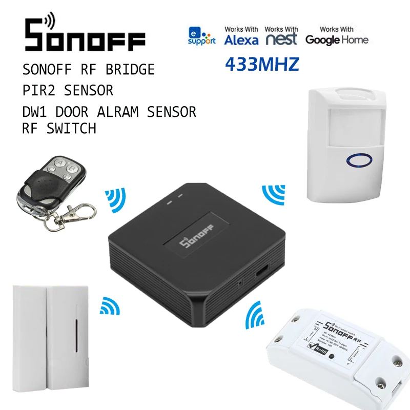 Sonoff RF Bridge 433MHZ Wifi Signal Converter PIR 2 Sensor / DW1 Door & Window Alarm Sensor Compatible with Alexa Google Home
Sonoff RF Bridge 433MHZ Wifi Signal Converter PIR 2 Sensor / DW1 Door & Window Alarm Sensor Compatible with Alexa Google Home