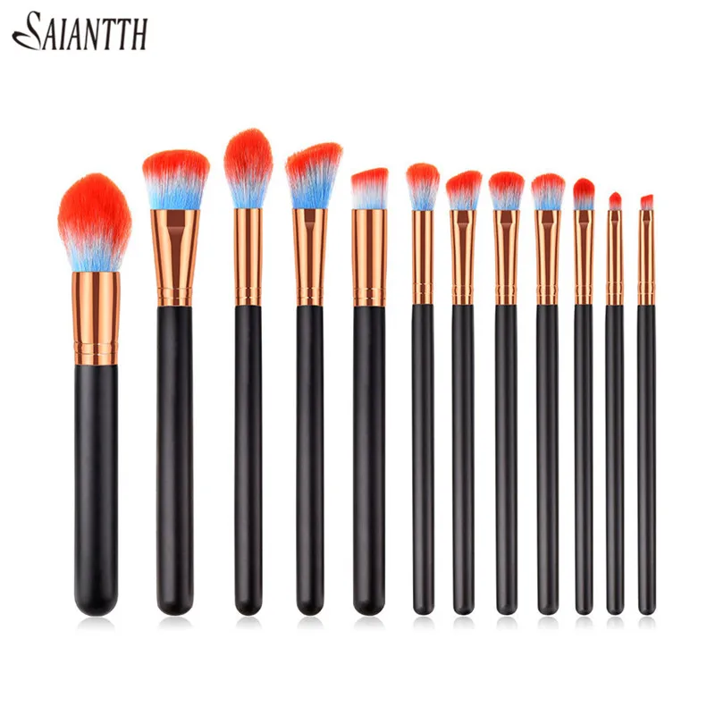 

SAIANTTH 12pcs professional makeup brushes flame powder foundation eyeliner pincel maquiagem face eyes make up kit straight wood