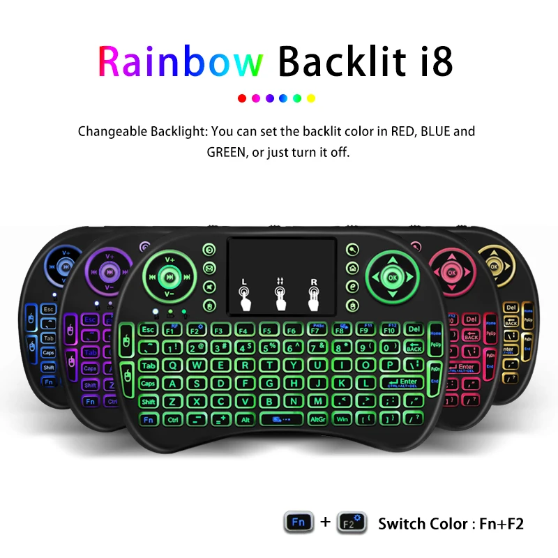 Беспроводная клавиатура 2 4 ГГц с 7 цветной подсветкой i8 Mini русской и английской