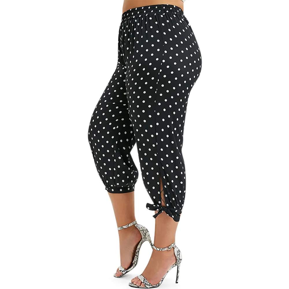 

Rosegal Plus Size Summer Leggings Lady Polka Dot Print Trousers Capri Side Tie Cropped Pants High Elastic Waist Jogger Pants