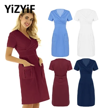 Womens Adults Medical Nursing Scrub Dress V-neck Short Sleeves Mock Wrap A-Line Nurse Uniform Dress Hospital Doctors Lab Coat 
Womens Adults Medical Nursing Scrub Dress V-neck Short Sleeves Mock Wrap A-Line Nurse Uniform Dress Hospital Doctors Lab Coat