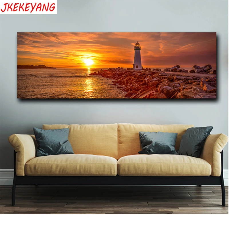 Фото Large size 5d DIY Diamond Painting &quotSeaside sunset and lighthouse" Full Square/round Drill Cross Stitch Embroidery Y3752 | Дом и сад