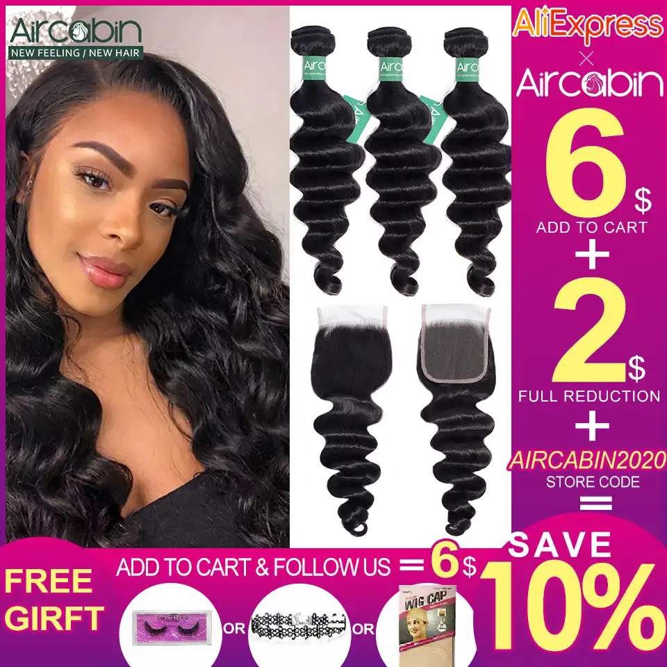 Aircabin Loose Deep Wave Bundles With Closure Brazilian 100 Remy