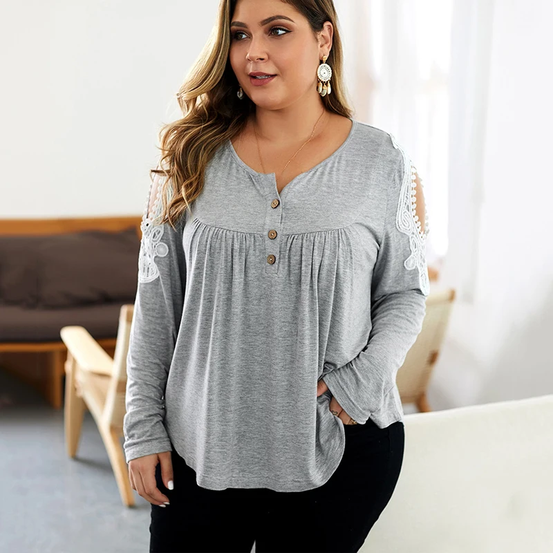 Laughido Plus Size Lace Off Shoulder T Shirts Women Autumn Button Tops Casual Office Ladies Tee Shirts Solid Patchwork TShirt
Laughido Plus Size Lace Off Shoulder T Shirts Women Autumn Button Tops Casual Office Ladies Tee Shirts Solid Patchwork TShirt