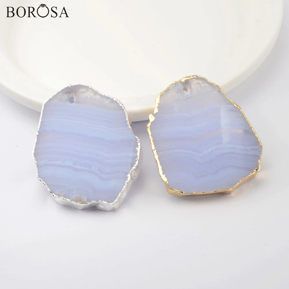 Женский кулон BOROSA Blue Chalcedony ожерелье свободного кроя золотистого и серебряного