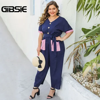 GIBSIE Contrast Pocket Button Front Wide Leg Jumpsuit Summer Women Plus Size V-Neck Short Sleeve High Waist Jumpsuits with Belt
GIBSIE Contrast Pocket Button Front Wide Leg Jumpsuit Summer Women Plus Size V-Neck Short Sleeve High Waist Jumpsuits with Belt