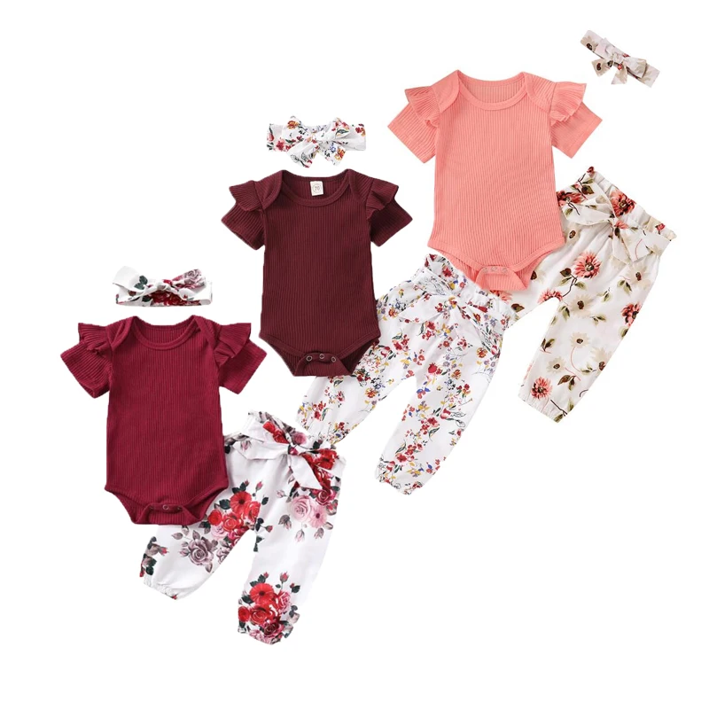 Baby Print Clothing Set 3pcs Summer Full Sleeve Infant Girl Clothes Romper Top Flower Pants Headband Outfit 0-18 Months | Детская одежда