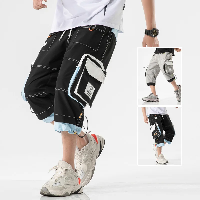 2020 Summer Hip Hop Color Patchwork Fashion Poclets Shorts Men Knee Length Ribbons Cargo Sweat Fitness Short Joggers | Мужская одежда