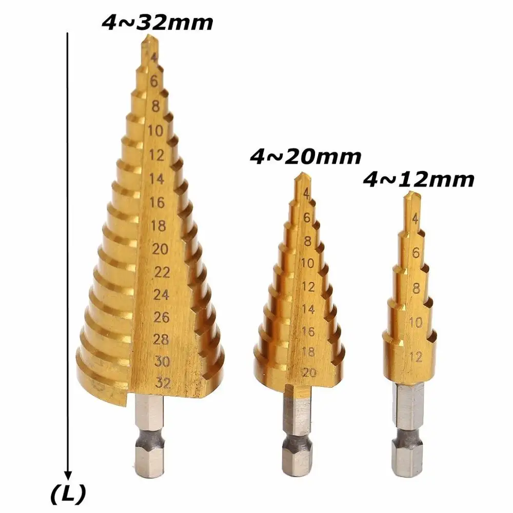 3 Pcs 4-12/4-20/4-32 Large Step Titanium Cone Drill Hole Cutter Bit HSS Set Tool With Pouch
3 Pcs 4-12/4-20/4-32 Large Step Titanium Cone Drill Hole Cutter Bit HSS Set Tool With Pouch