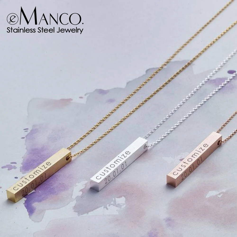 

eManco Four Sides Engraving Personalized Square Bar Custom Name Necklace Stainless Steel Pendant Necklace Women/Men Gift