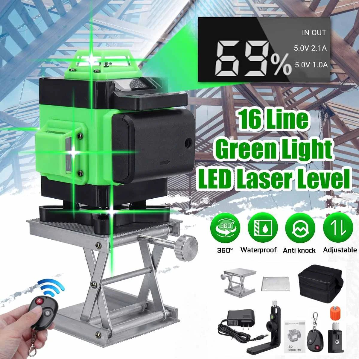 16 Lines Digital Play 3D Laser Level Level Self-Leveling 360 Horizontal And Vertical Cross Super Powerful Green Laser Level
