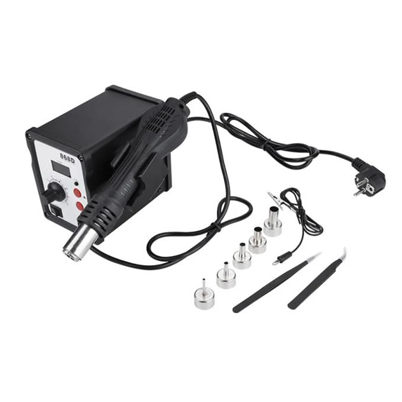 868D 700W Digital Display Anti-Static Hot Air Rework Soldering Station with 5 Nozzles Ground Wire Tweezers
868D 700W Digital Display Anti-Static Hot Air Rework Soldering Station with 5 Nozzles Ground Wire Tweezers