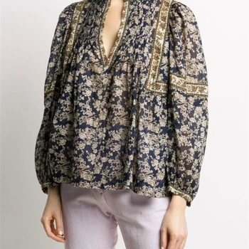 floral Women Vintage V-neck Blouse 2020 New Summer color matching lantern sleeve ladies loose shirt female pleated shirt top 
floral Women Vintage V-neck Blouse 2020 New Summer color matching lantern sleeve ladies loose shirt female pleated shirt top