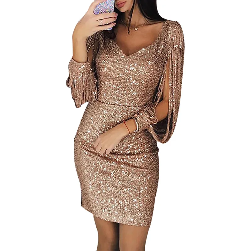 

Mini Dress Female Woman Party Night Sexy Bodycon Solid Sequined Stitching Shining Club Sheath V-neck Tasses Long Sleeved