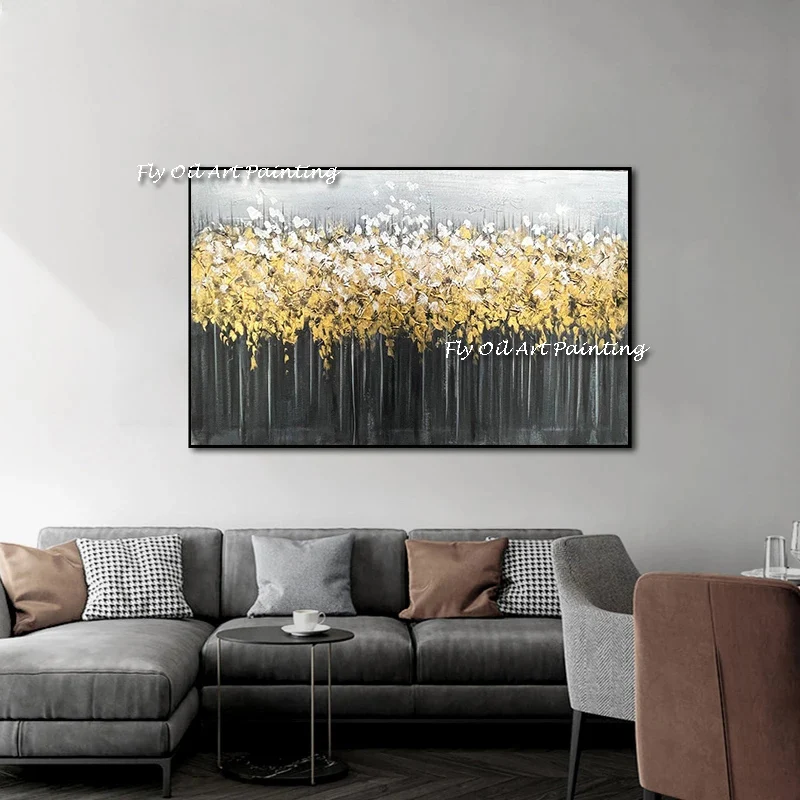 

High Quality 100% Hand-painted Abstract Gold Foil Tree Oil Painting Blue Grey Sky Large Size Beauty Wall Art Room Modern Gift