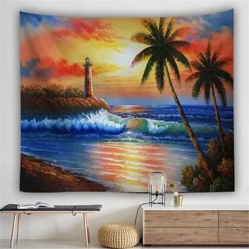 

Hawaii Palm Tree Cozy Sunset Natural Scenery Wall Hanging Mural Coconut Tree Printed Microfiber Tapestry Bedroom Decor