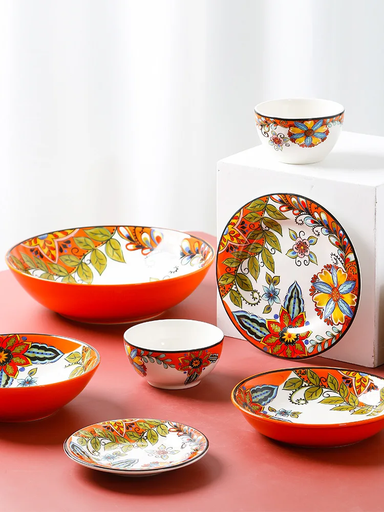 

European Style Ceramic Tableware Hand-Painted Flat Plate Household Dish Rice Bowl Soup Bowl Microwave Oven Available DP21013001