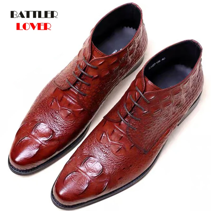 Plus Size 38-48 Crocodile Grain black/brown Formal Wedding Shoes Mens Ankle Boots Genuine Leather Men