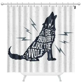 

Wolf Shower Curtains Hand Drawn Halloween Label with Wolf and Be Hungry Like a Wolf Lettering Decorative Bathroom Waterproof