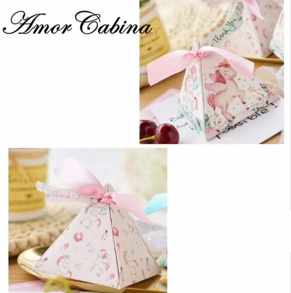 50pcs cartoon cute unicorn pyramid candy box wedding favor baby
