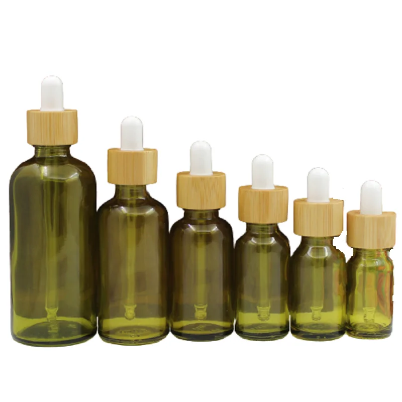 

10pcs Glass Dropper Bottle Olive Green Skincare 5/10/15/20/30/50/100ML Essential Oil Dropper Pipette with Bamboo Wood Lid Bottle