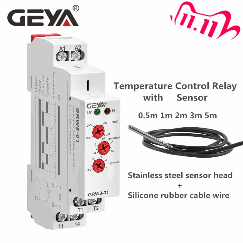 Free Shipping GEYA GRW8-01/02 Din rail Temperature Control Relay AC DC 24V-240V Wide Range Voltage with NTC Waterproof Sensor
Free Shipping GEYA GRW8-01/02 Din rail Temperature Control Relay AC DC 24V-240V Wide Range Voltage with NTC Waterproof Sensor