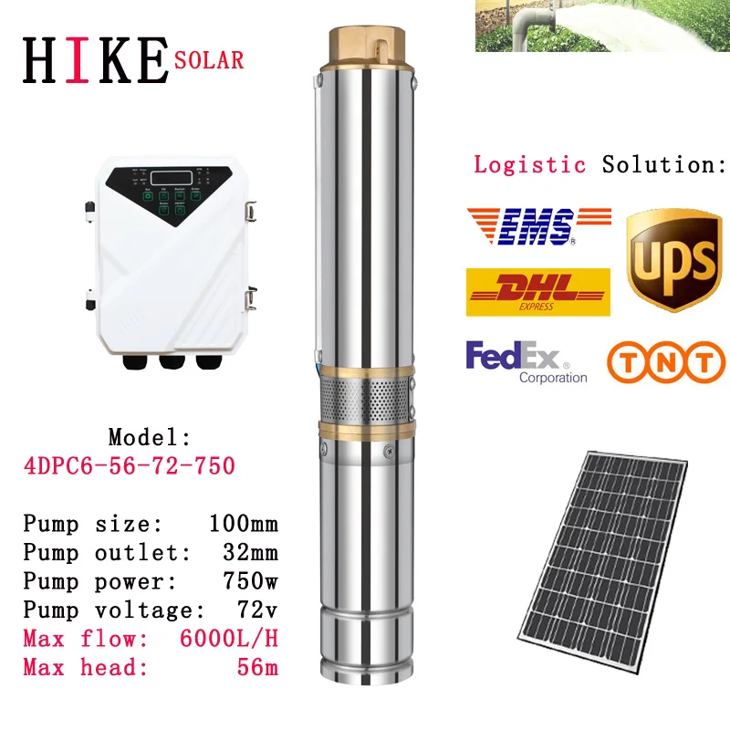 

Hike solar equipment 4" DC Submersible Solar Powered Pump 72V 750W MPPT Controller Head 56m Deep Well Water Pump 4DPC6-56-72-750