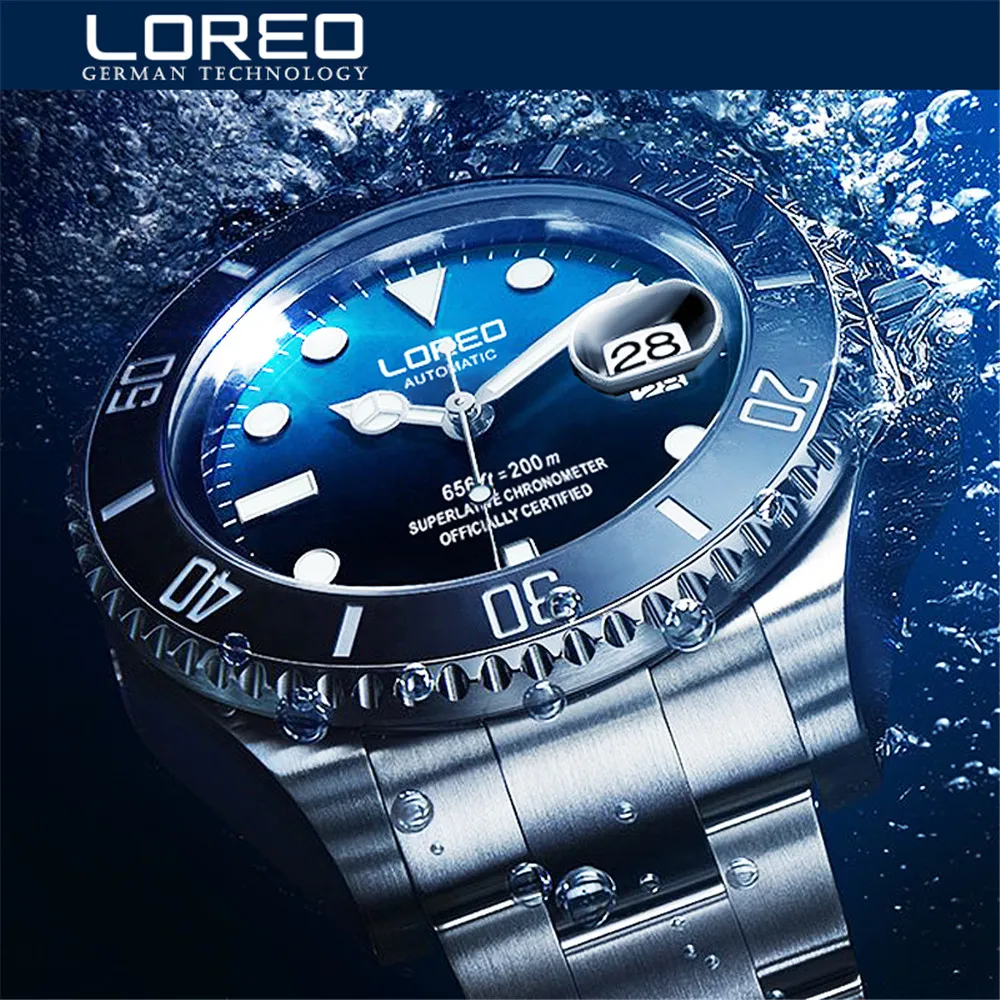 Часы большой Diver LOREO 2020 топ-бренд роскошные мужские механические часы