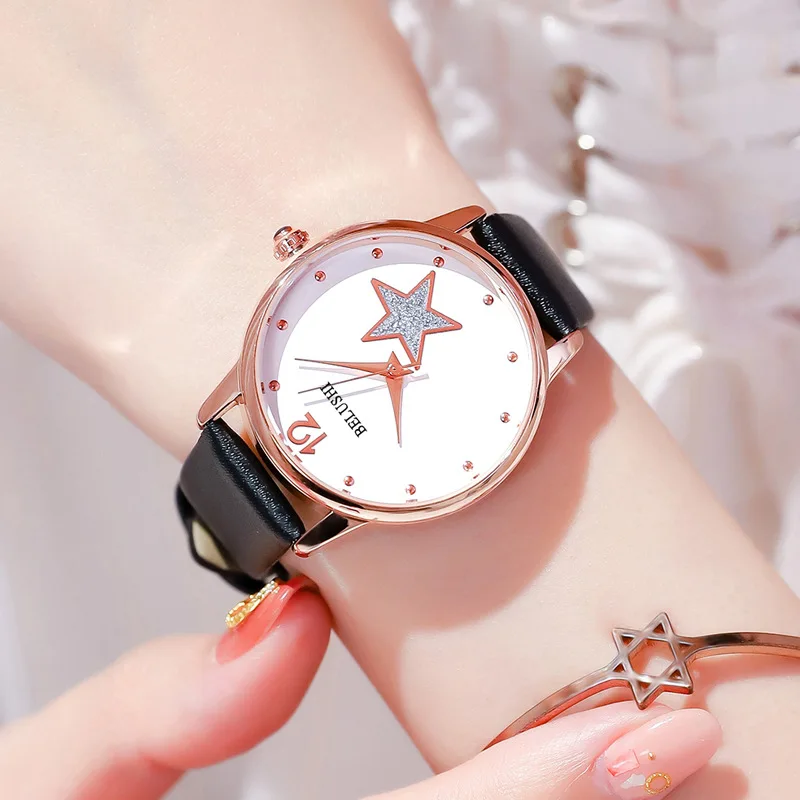 

Fashion Women Dress Quartz Wrist Watches Luxury Leather Band Top Brand White Pentagram Casual Ladies Wristwatch Relogio Feminino