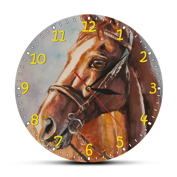 

Watercolor Horse Painted Print Wall Clock Wild Brown Horse Silent Timepieces Wall Watch Equestrian Wall Art Gift for Horse Lover